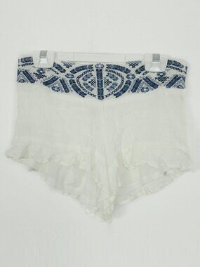 Coastal Cowgirl South Western Rodeo Boho‎ White Blue Ruffle Embroidered Shorts